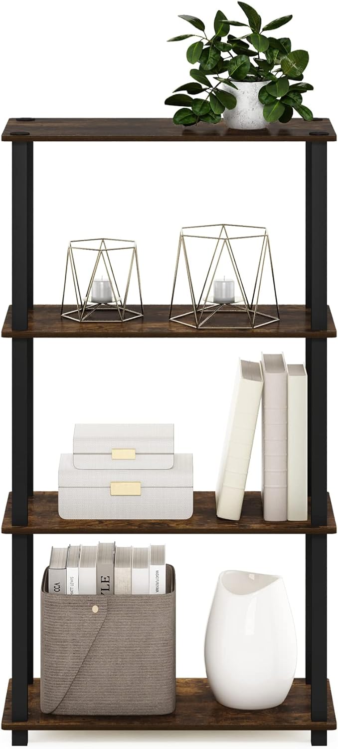 Furinno Turn-S-Tube 4-Tier Compact Multipurpose Shelf Display Rack with Square Tube, Amber Pine/Black
