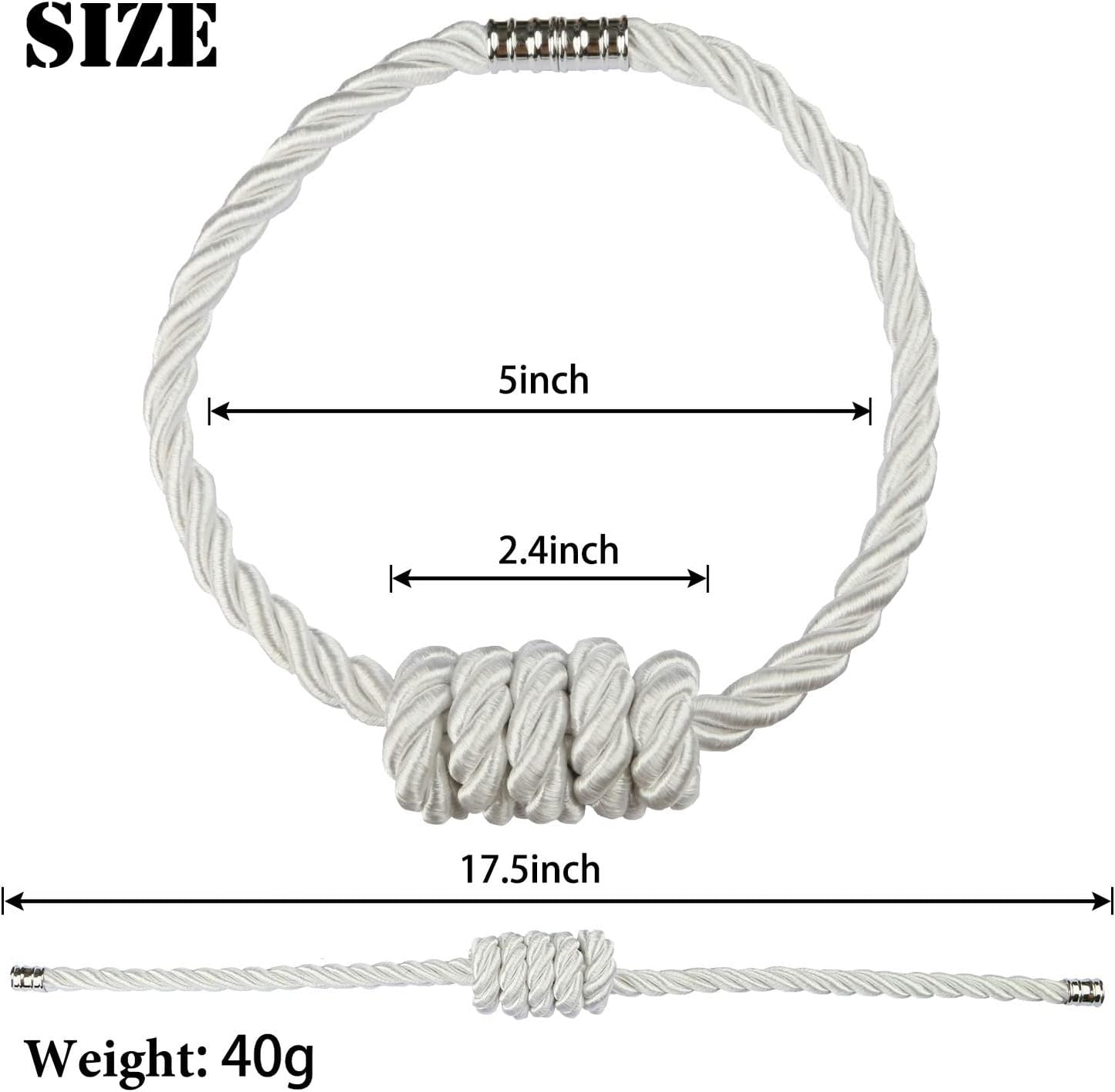 BEL AVENIR Magnetic Curtain Tiebacks, Decorative Drapery Holdbacks Modern Woven Tie-Backs with Exquisite Knot (White, 6 Pack)