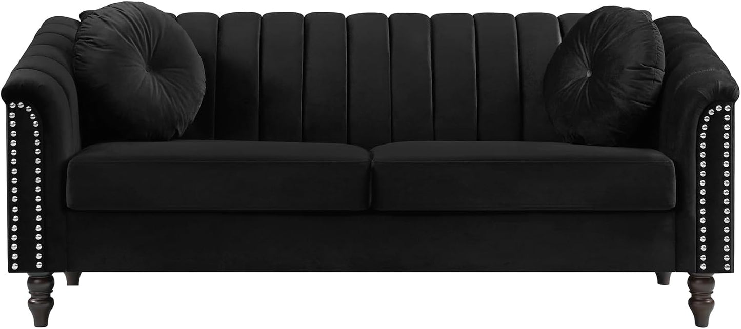 Sectional Sofa Set, Microfiber Chesterfield Upholstered Sofas Loveseat Couch Chair Sets with Style Button Tufted, Scroll Arms and Nailhead for Living Room, Office, Apartment-Black,S