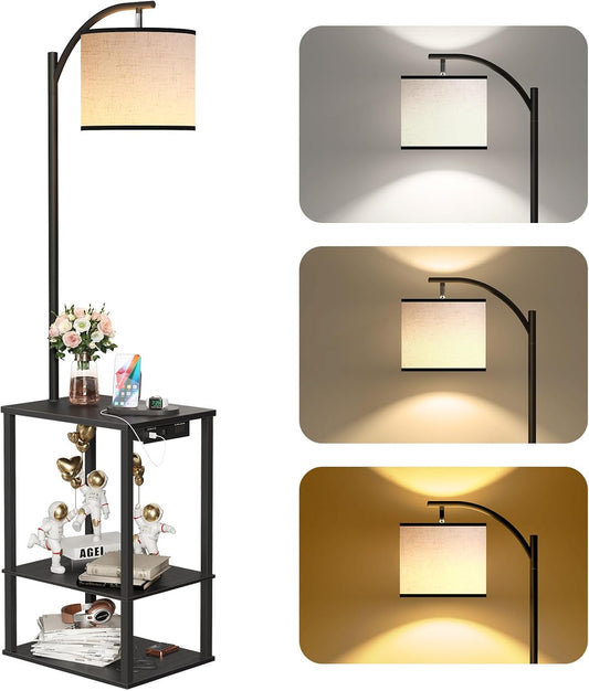 SUNMORY Floor Lamp with Table, End Table for Living Room with Lamp, Shelves Side Table with Charging Station(USB & AC Port), 3 Color Temperature LED Bulb, Modern Nightstand Lamp for Bedroom, Office