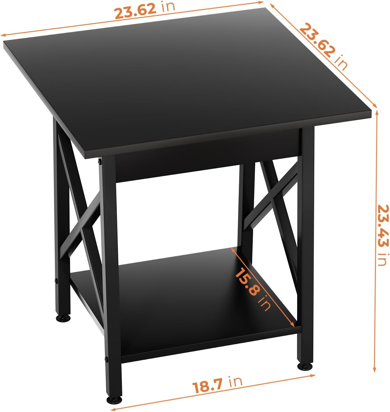GreenForest End Table 24 inch for Living Room, Large Square Side Tables with X-Frame, Tall Industrial Bedside Nightstand with 2-Tier Storage, Black