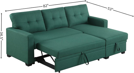 L-Shape Sofa Bed, 82" Sectional Couch with Storage Chaise, Pull Out Sleeper Sofa with Removable Back Cushions, Convertible Corner Couch for Living Room Apartment, Green
