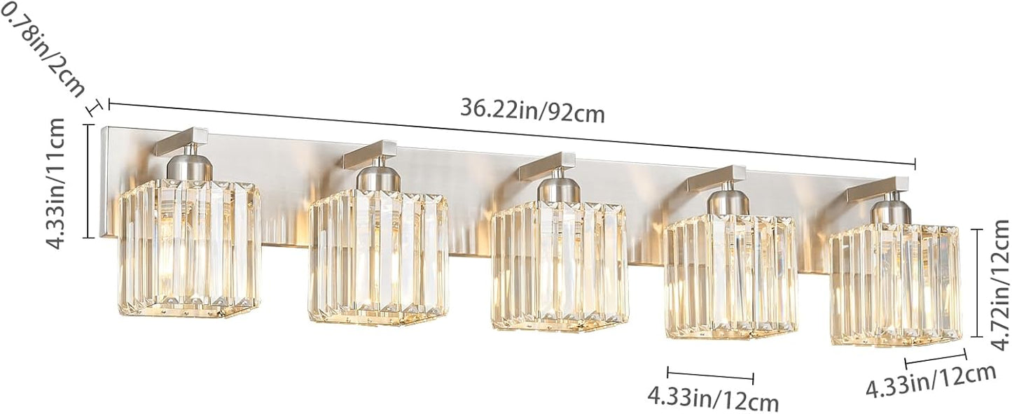 Modern Vanity Light 5-Lights Brushed Nickel Vanity Light Crystal Bathroom Wall Light Bathroom Light Fixtures