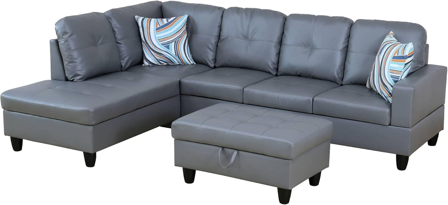 NicBex Sectional Couch 3 Pieces Sofa Set with Right Chaise Synthetic Leather L Shaped Cloud Couch for Living Room Furniture Sets with Storage Ottoman, Modular Sofa for Living Room & Apartment, Gray