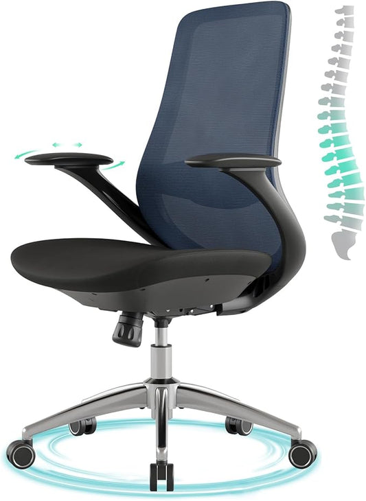 Ergonomic Office Chair, High Back Mesh Desk Chair with Lumbar Support, 360° Swivel & Slide-Adjustable Arms, Tilt Lock and Recline, Breathable Task Chair for Home Office & Gaming (Blue)