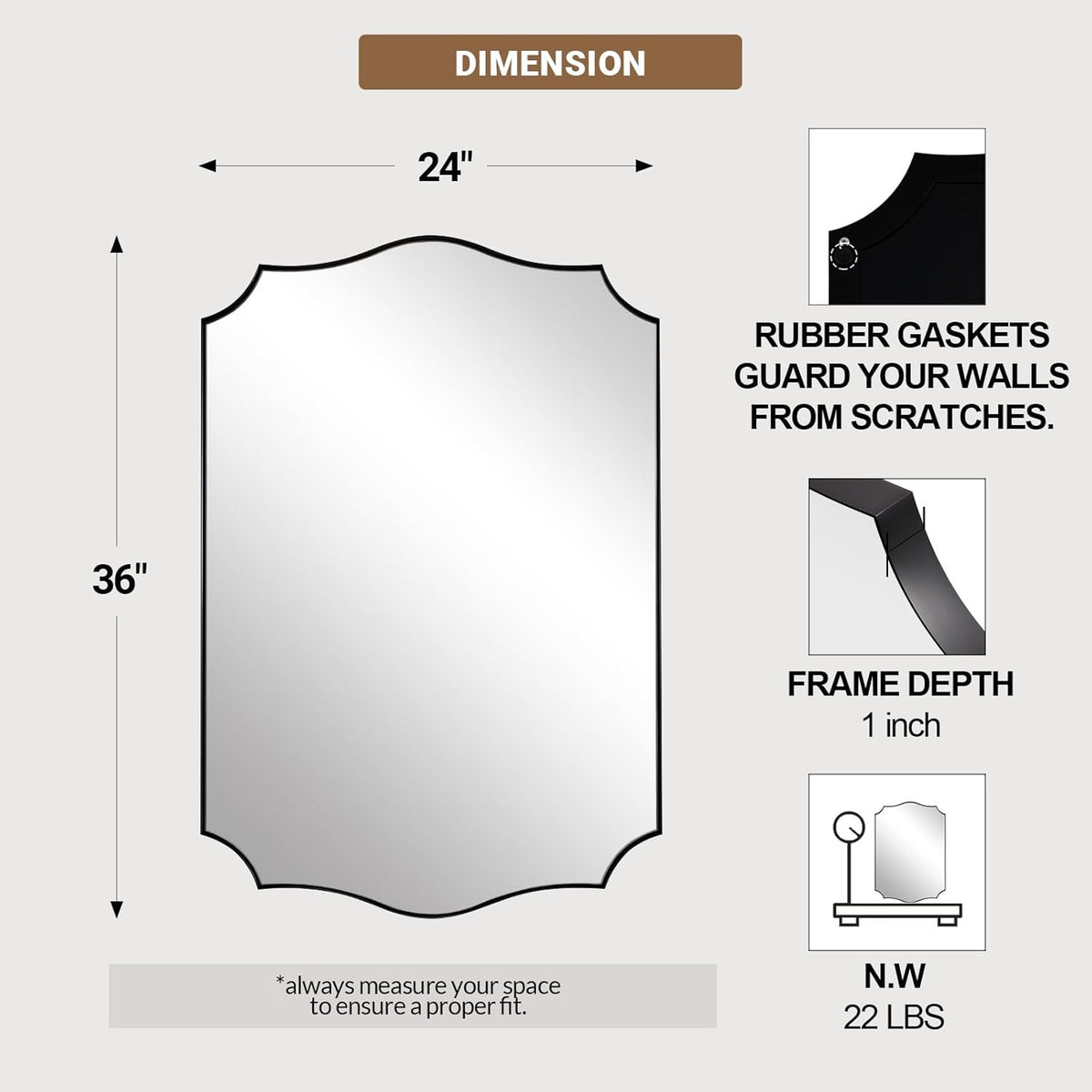 ANDY STAR Matte Black Mirror, 24x36 Inch Scalloped Bathroom Mirror, Unique Wavy Rectangle Mirror in Stainless Steel Metal 1” Frame, Wall Mount Vertical or Horizontal
