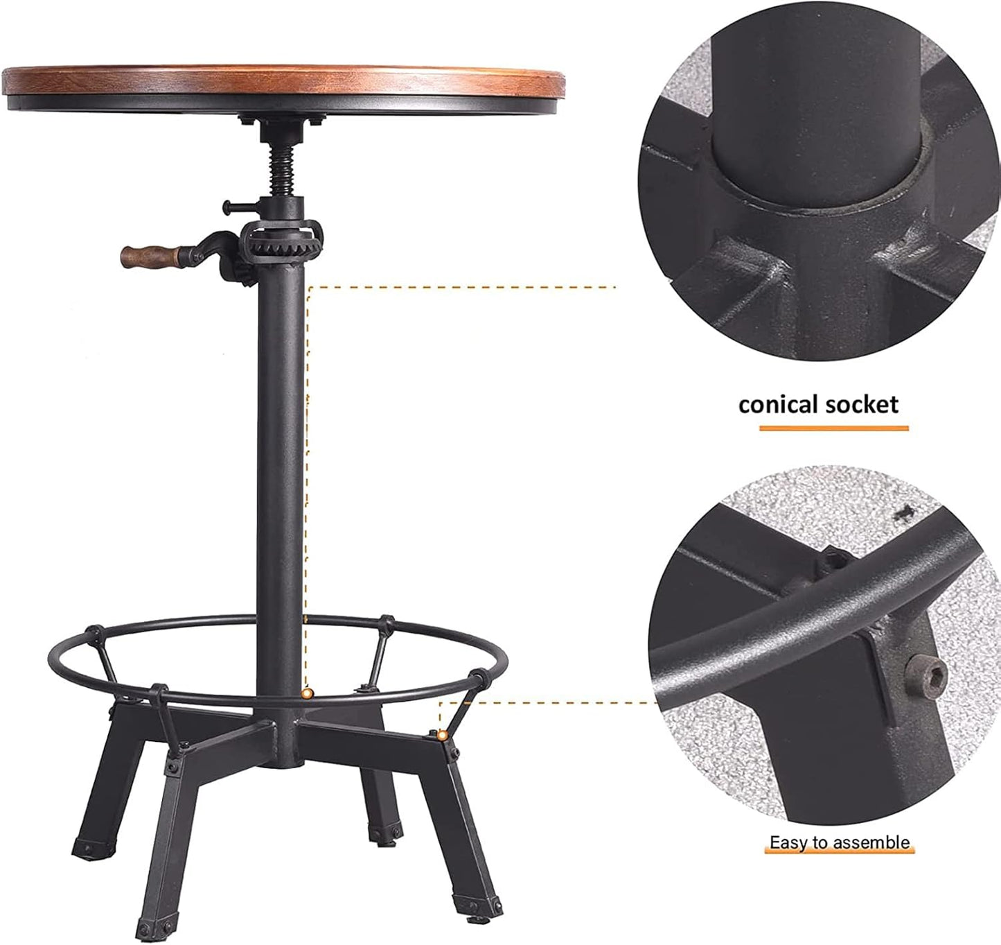 LOKKHAN 33.5-39.4 Inch Tall Industrial Bar Table-Adjustable Bar Height Bistro Whiskey Pub Table-23.7" Dia Swivel Round Wood Top Metal Base-Easily Adjusts by Crank Handle