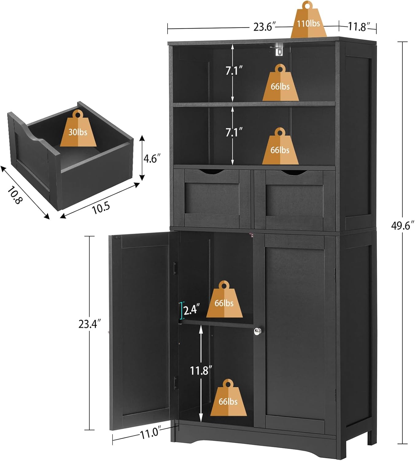 Iwell Tall Storage Cabinet, Black Storage Cabinet with 2 Drawers & Adjustable Shelves, Bathroom Cabinet for Living Room, Dining Room, Entryway, Black