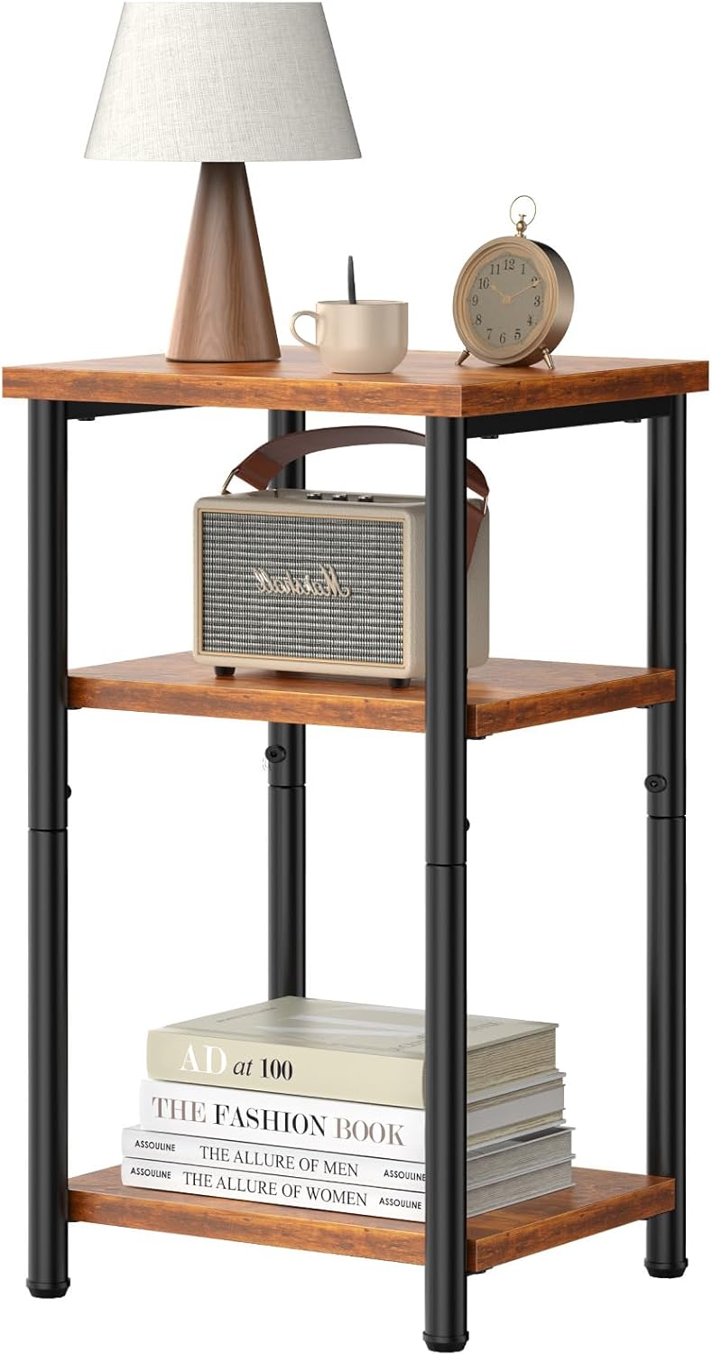 DUMOS End Table Small Side Sofa Tables 3 Tier Tall Nightstand Storage Shelf with Adjustable Feet for Living Room Bedroom Office, Brown