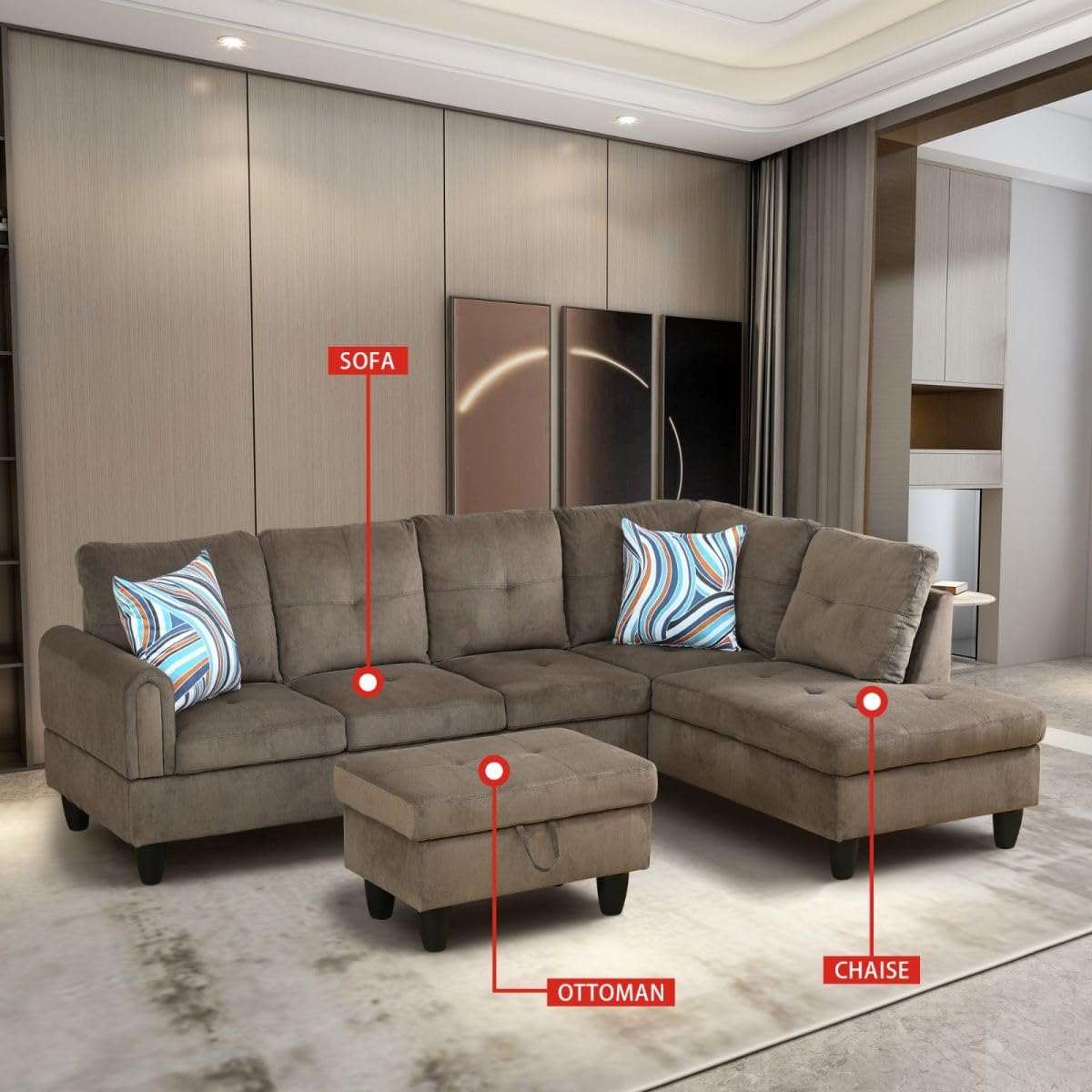 Brown L-Shaped 3-Piece Corduroy Sofa with Storage Ottoman Set, Sectional Couch Sofa Set for Living Room, Office, Small Space