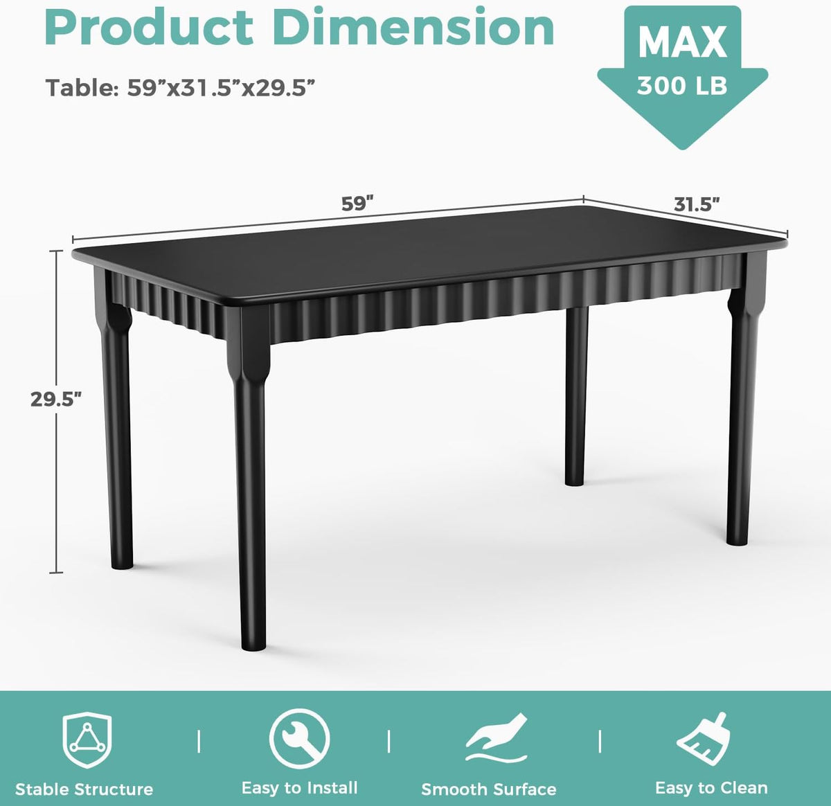 59 Inch Solid Wood Dining Table for 4-6, Farmhouse Kitchen Table with Large Tabletop, Mid Century Modern Table for Dining Room, Living Room, Kitchen, Easy Assembly, Black