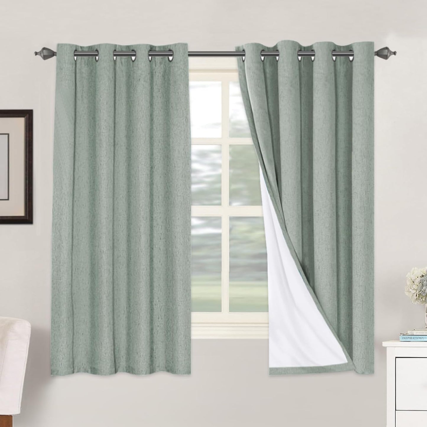 H.VERSAILTEX Linen Blackout Curtains 63 Inches Long 100% Blackout Thermal Insulated Textured Linen Look Curtain Draperies Anti-Rust Grommet, Energy Saving with White Liner, 2 Panels, Green Bay