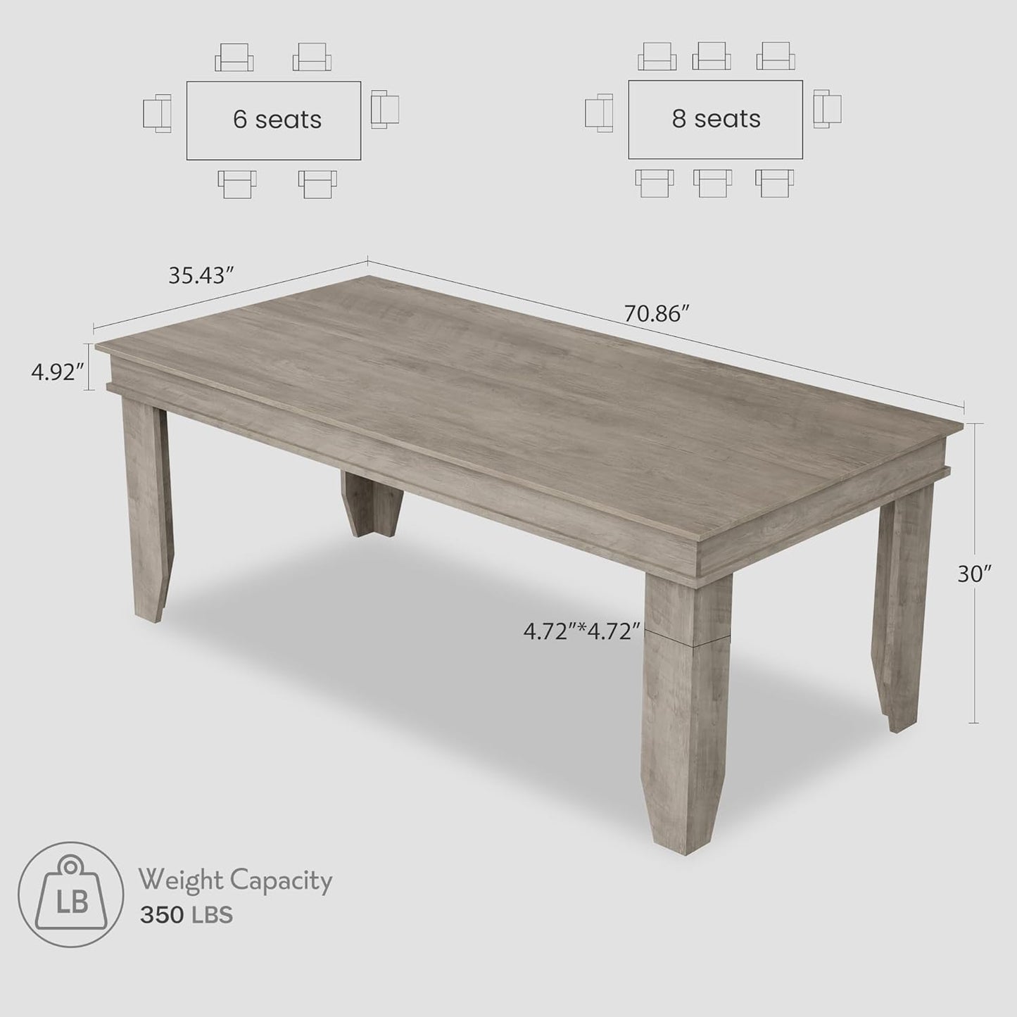 GarveeHome Farmhouse Dining Table for 6-8 People, 71" Long Gray Kitchen Tables with Wooden Sturdy Frame, 6 Ft Large Rectangular Dinner Table for Living Room, Kitchen, Dining Room