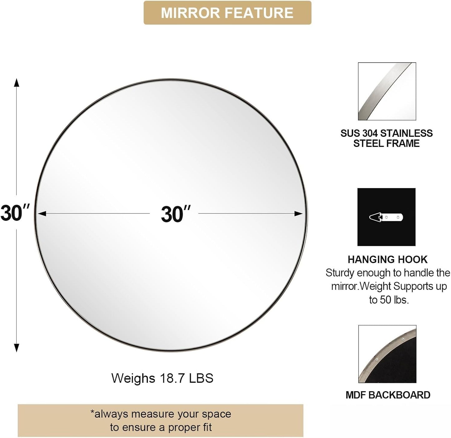 ANDY STAR 30" Round Brushed Nickel Bathroom Mirror, Silver Wall Mirror for Bathroom，Metal Round Circle Mirror for Wall, Bathroom (Premium Stainless Steel Frame)