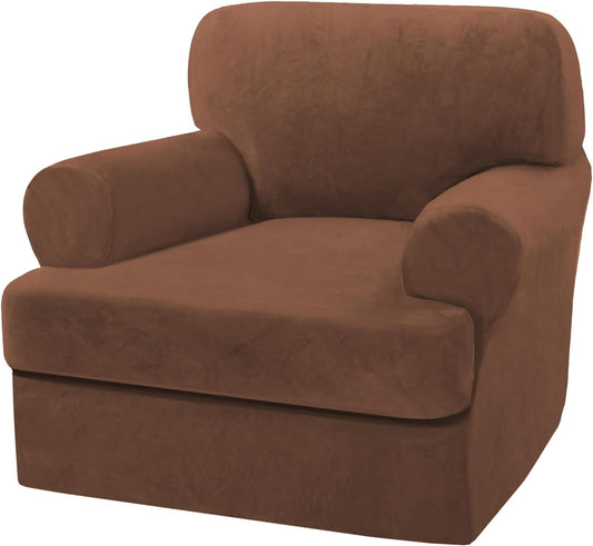H.VERSAILTEX Sofa Cover 2 Piece T Cushion Armchair Slipcovers Thick Velvet Couch Cover Stretch T Cushion Sofa Covers for 1 Cushion Couch with 1 Individual T Cushion Covers Washable, Caramel