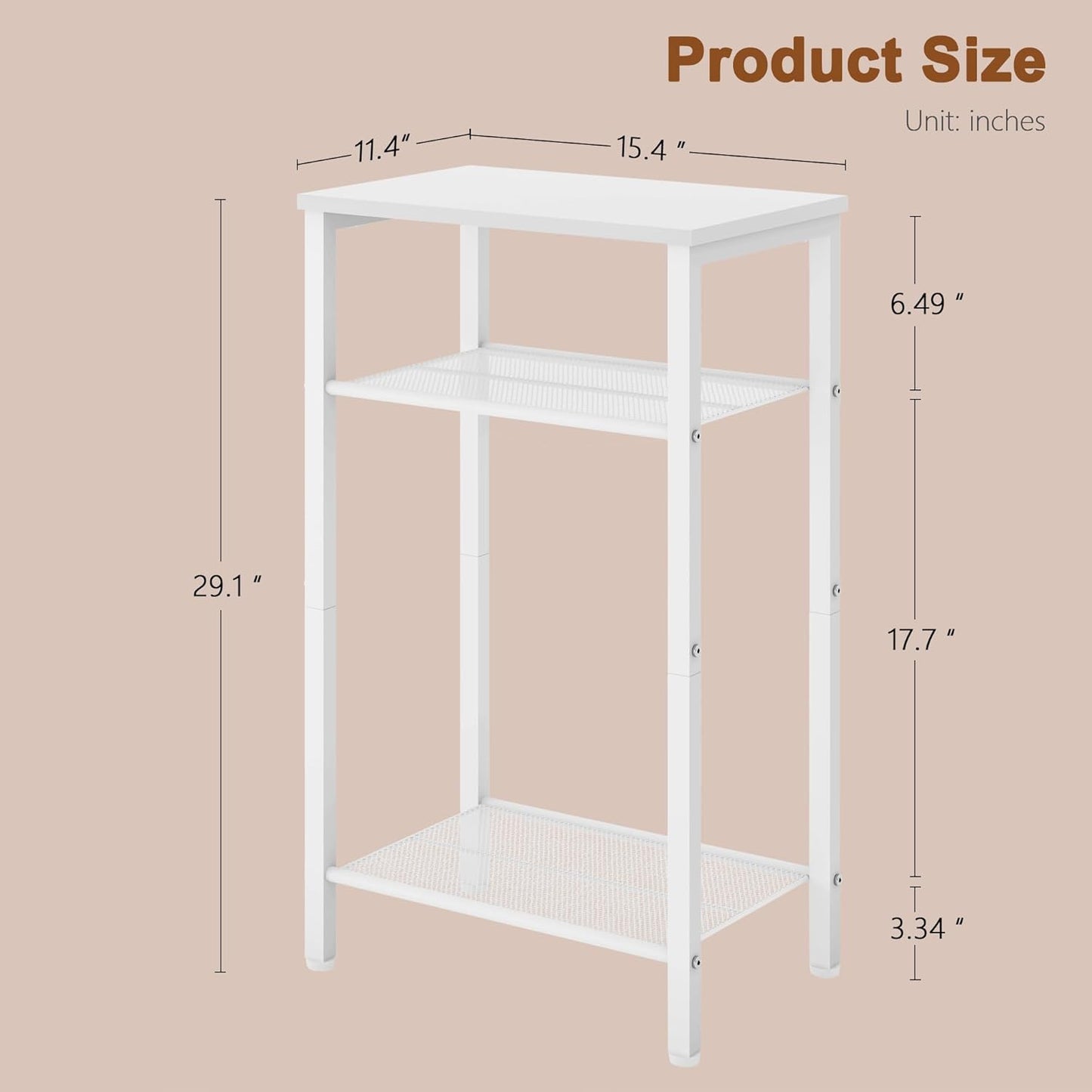 Hoctieon 3 Tier End Table, Telephone Table, Narrow Side Table with Storage, Nightstand for Small Spaces, Metal Frame, for Living Room, Bedroom, Sofa Couch, Hall, Easy Assembly, White