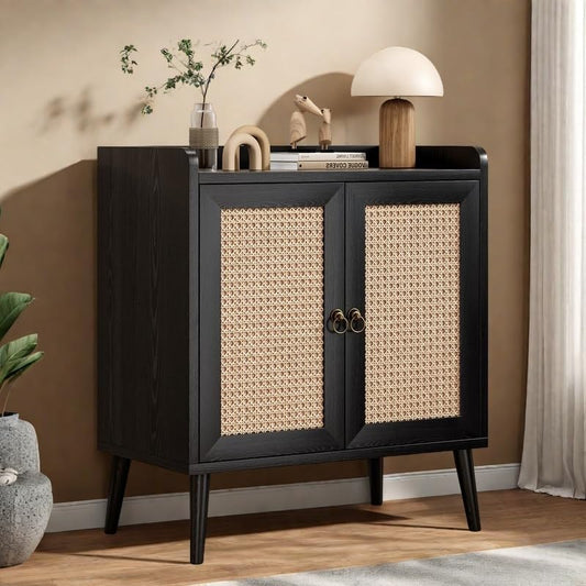 Buffet Cabinet, Rattan Storage Cabinet with Round Pull Rings, Sideboard with Ample Storage, Bar Liquor Shelf with 2 Doors for Living Room, Hallway, Black