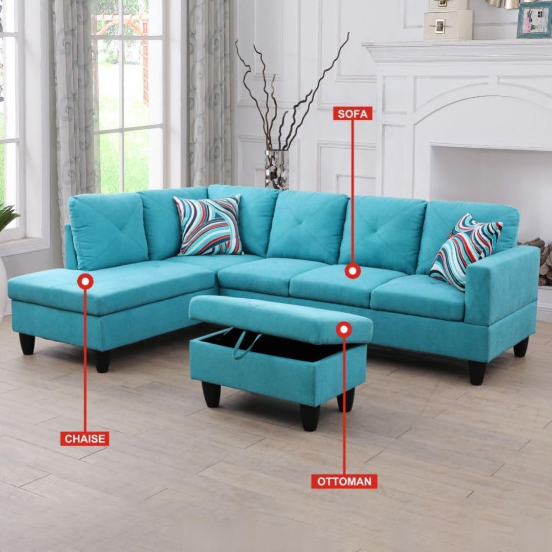Light Blue L-Shaped 3-Piece Linen Sofa with Storage Ottoman Set, Sectional Couch Sofa Set for Living Room, Office, Small Space