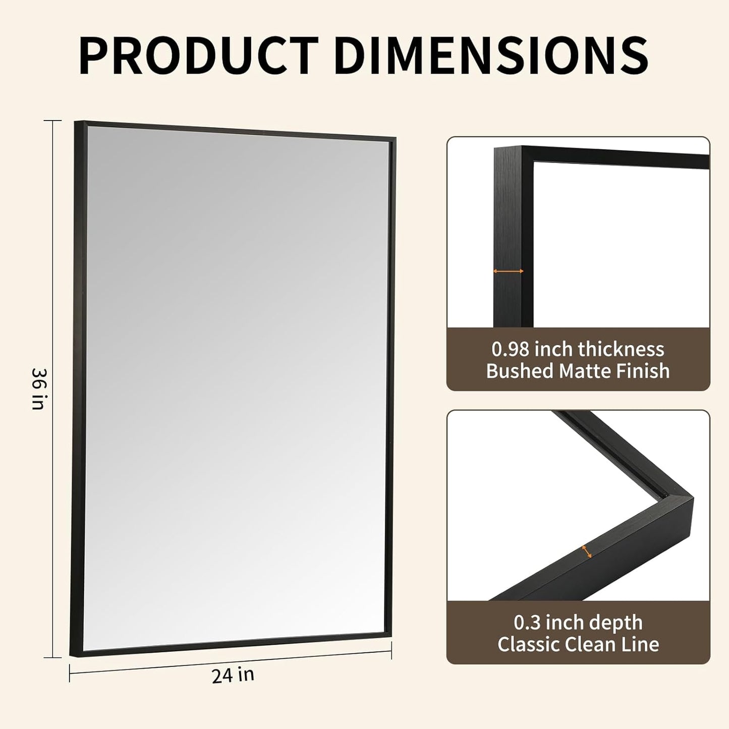 Matte Black Mirror, 24x36 Inch Aluminum Framed Rectangle Mirror, Anti-Rust, Tempered Glass, Square Corner Wall Mirror for Over Sink, Vanity, Bedroom, Entryway, Horizontal/Vertical