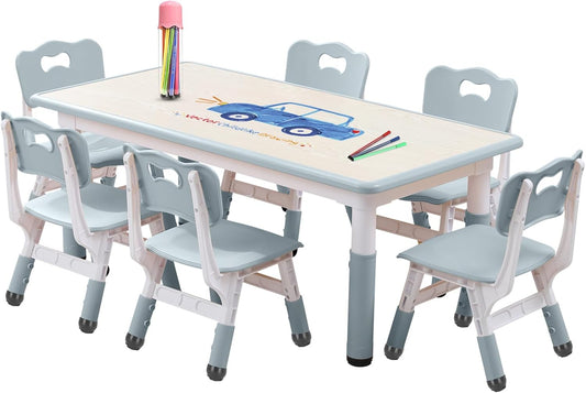 Kids Table and Chairs Set, Height Adjustable Desk With 6 Seats for Ages 3-12,Arts & Crafts Table,Graffiti Desktop, Non-Slip Legs, Max 300lbs, Children Multi-Activity Table for Classrooms,Daycares,Home