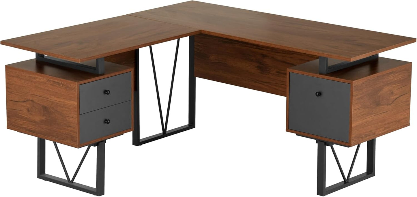 Techni Mobili Reversible L Shaped Desk with File Cabinet and Drawers 59” W – Modern Versatile L Shaped Office Desk with Drawers and File Cabinet - Brown