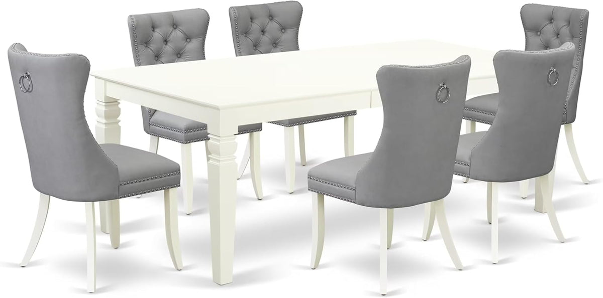 East West Furniture LGDA7-LWH-27 7 Piece Dining Set Includes a Rectangle Kitchen Table with Butterfly Leaf and 6 Polyester Fabric Parson Chairs, 42x84 Inch, linen white