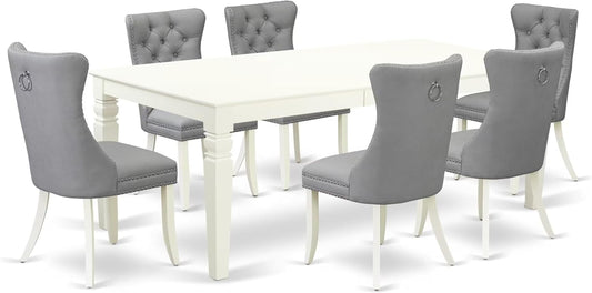 East West Furniture LGDA7-LWH-27 7 Piece Dining Set Includes a Rectangle Kitchen Table with Butterfly Leaf and 6 Polyester Fabric Parson Chairs, 42x84 Inch, linen white