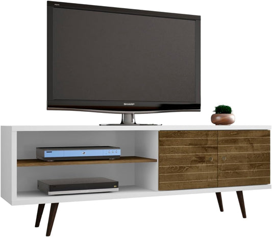 Manhattan Comfort Liberty Collection Mid Century Modern TV Stand With One Cabinet and Two Open Shelves With Splayed Legs, Wood/White, Medium, Model Number: 201AMC69