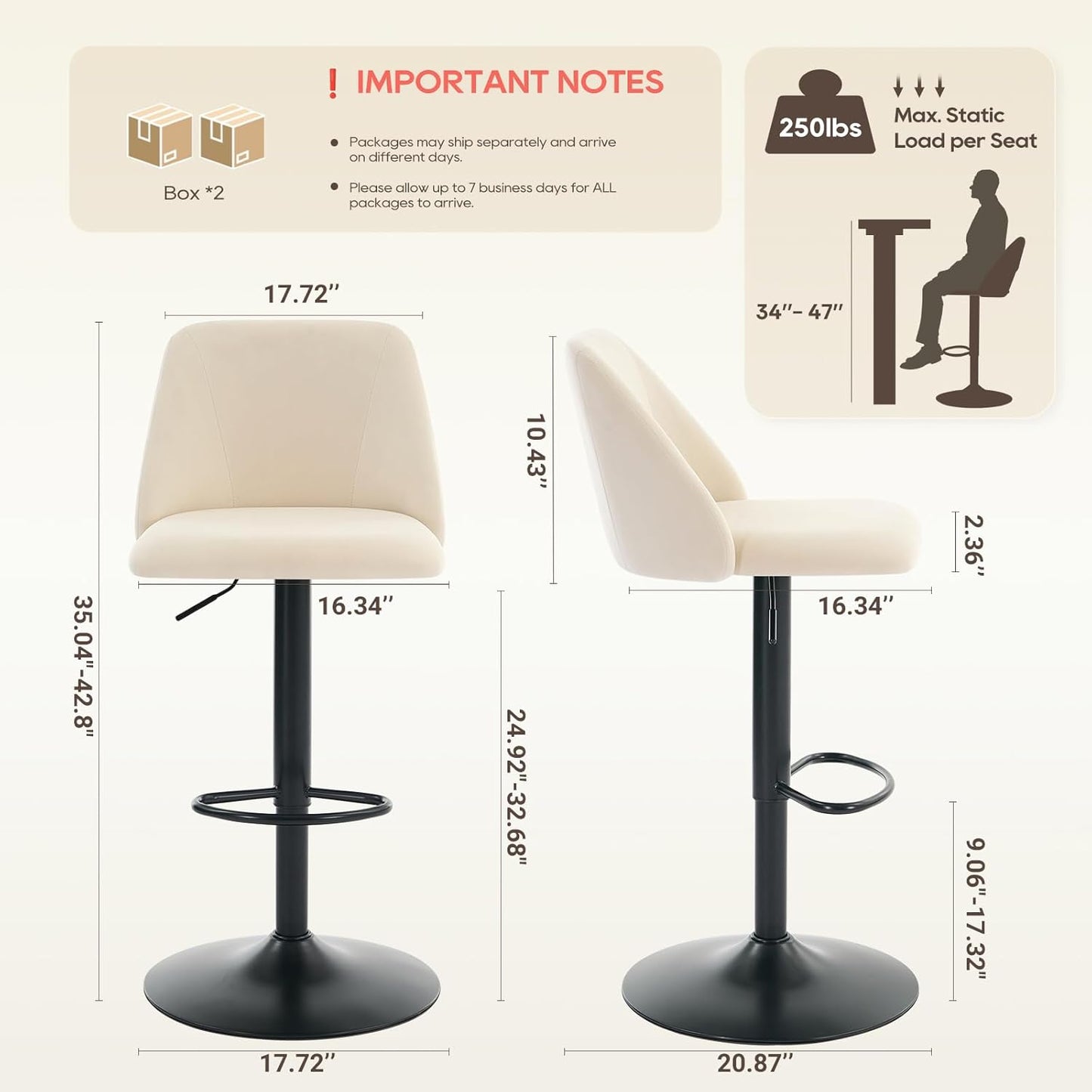 COLAMY Bar Stools Set of 4, Modern Swivel Bar Chairs, Adjustable Upholstered Barstools Counter Height with Full Backrest for Bar, Dining Room, Kitchen Island, Beige