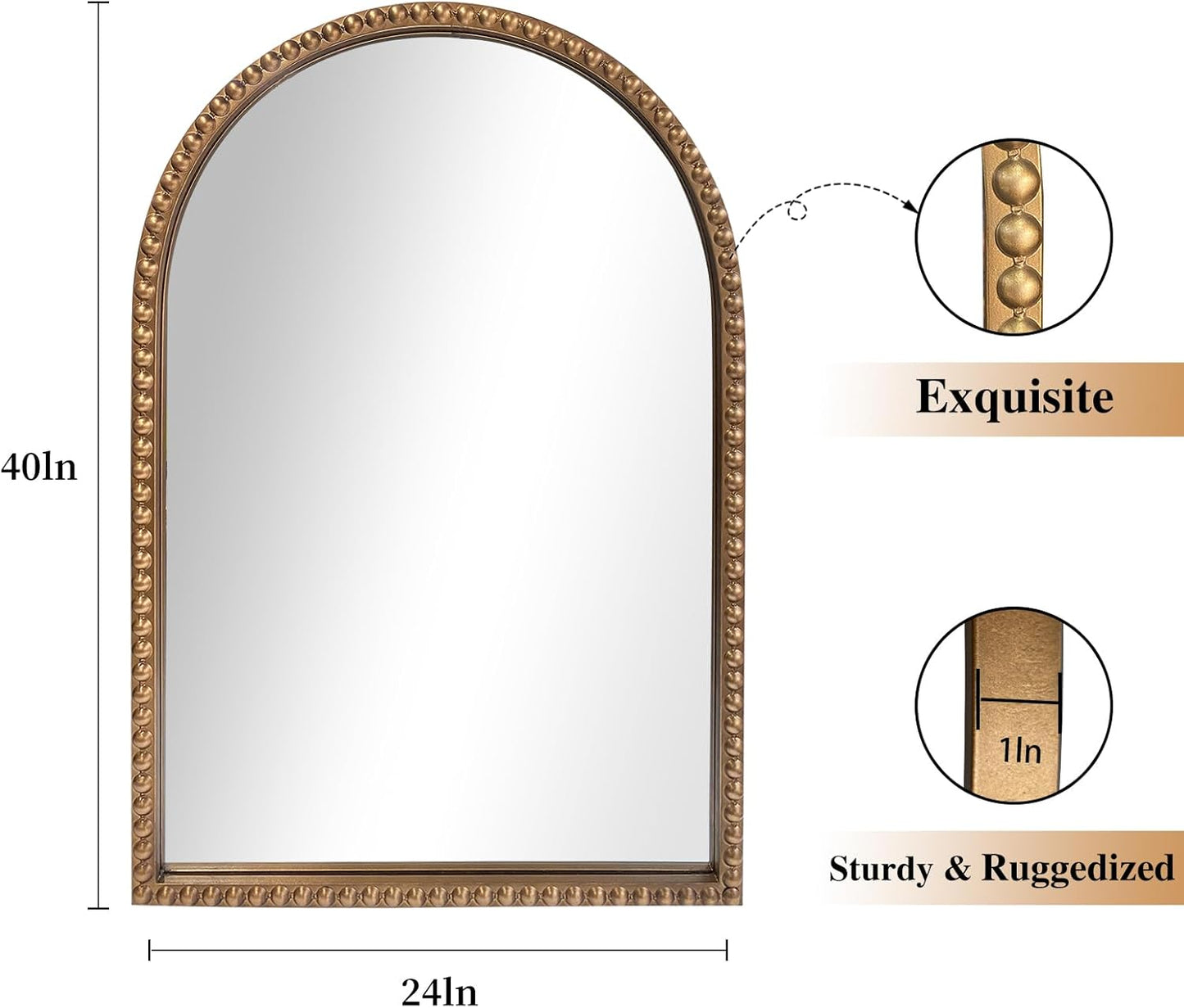 ironsmithn Gold Arched Mirror, 24"x40" Beaded Frame Arch Mirrors, Marlowe Decorative Accent Mirrors for Fireplace Bedroom Bathroom Living Room Entryway