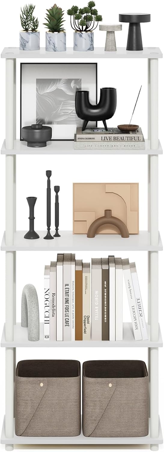 Furinno Turn-N-Tube 5-Tier Multipurpose Shelf Display Rack, White/White