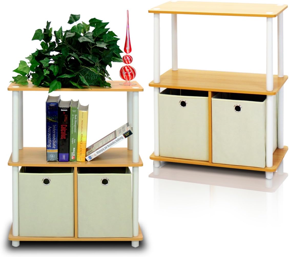 Furinno Go Green 3-Tier 2-Bin Multi-Purpose Storage Shelf (Set of 2), Beech