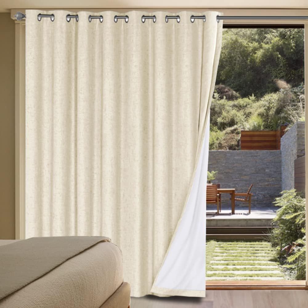 H.VERSAILTEX Linen Blackout Curtains Durable Thick Textured Linen Look 100% Blackout Patio Door Curtain Anti Rust Grommet Extra Wide Sliding Door Curtain Panel, Bleached Sand, W100 x L96 inch
