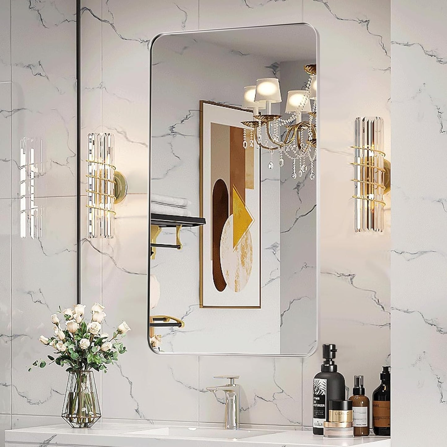 Brushed Nickel Bathroom Mirror, 24x40 Rounded Rectangle Mirror Modern Bathroom Vanity Mirror with Rustproof Alloy Aluminum Frame, Wall Mounted Vertically/Horizontally