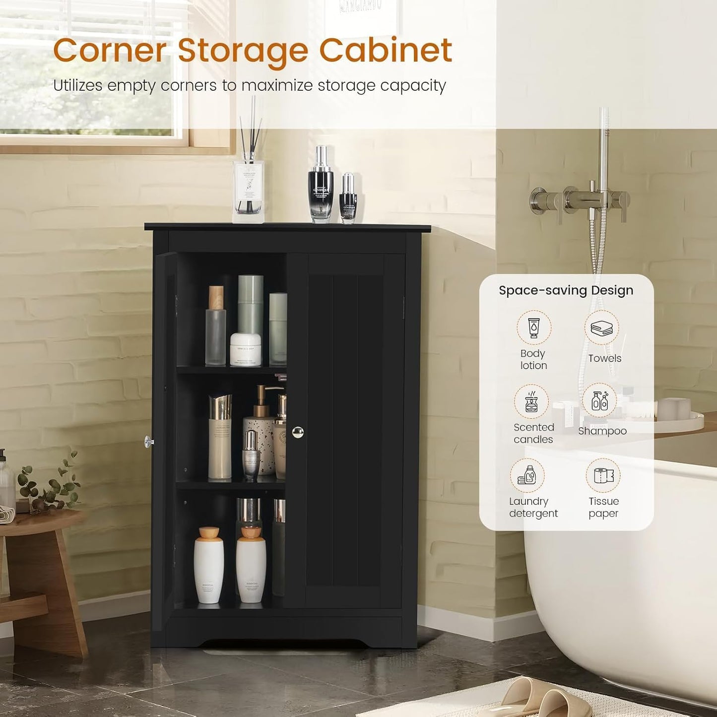Iwell Corner Cabinet, Corner Bathroom Cabinet with 2 Doors & Adjustable Shelves, for Bathroom, Living Room, Kitchen, Black