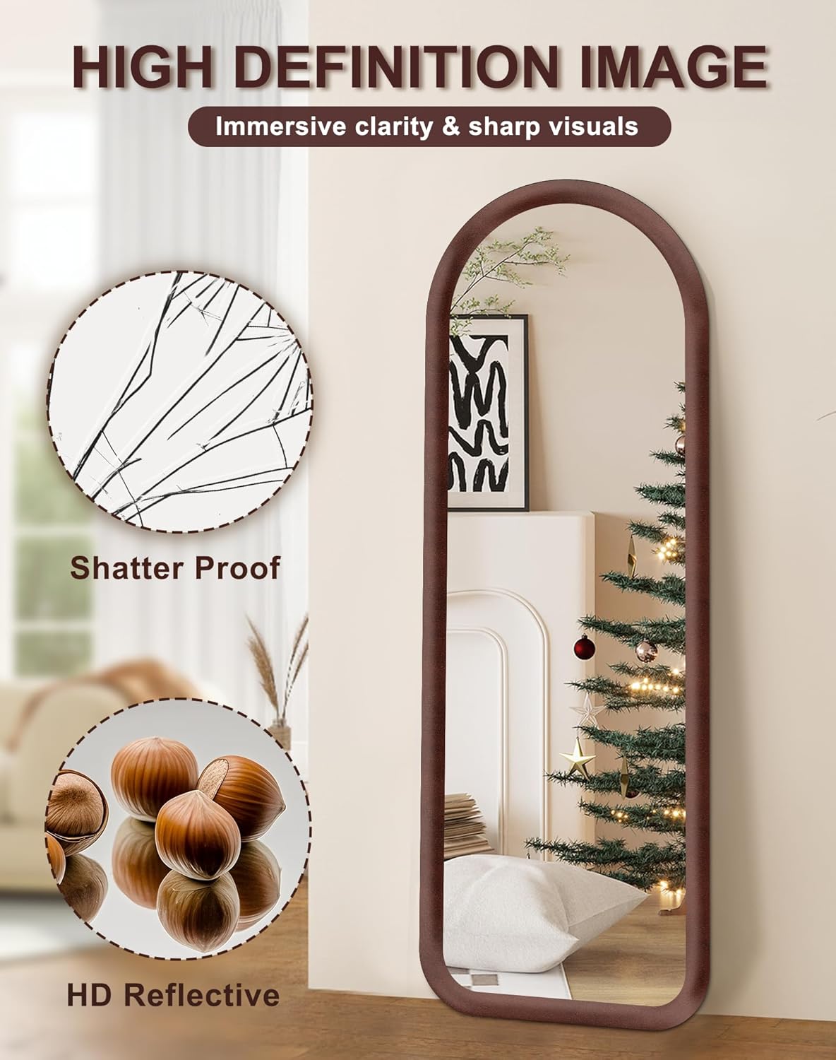 Delma Arched Full Length Mirror, Free Standing Floor Plush Flannel Frame Mirror for Leaning or Hanging, Soft Touch Bedroom & Living Room Decor, Dark Brown