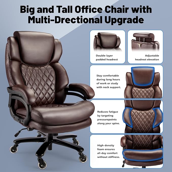 800lbs Big and Tall Office Chair, Executive Chair with Adjustable Headrest, High Back Extra Wide Seat, Heavy Duty PU Leather for Home Office, Comfortable Large Computer Desk Chair