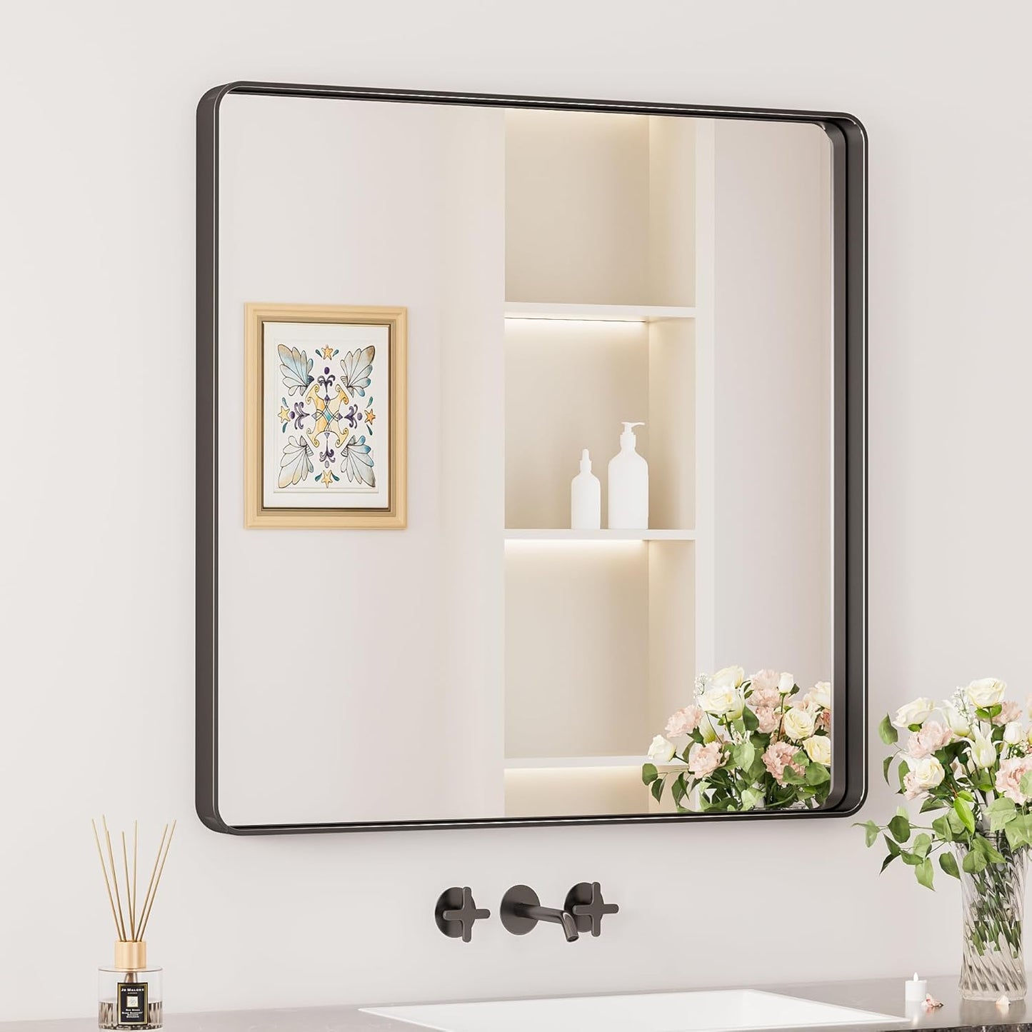 Keonjinn Black Bathroom Mirror for Over Sink, 30 x 30 Inch Rounded Rectangle Bathroom Vanity Mirror for Wall, Matte Black Farmhouse Mirror with Seamless Frame, HD Tempered Glass(Horizontal/Vertical)