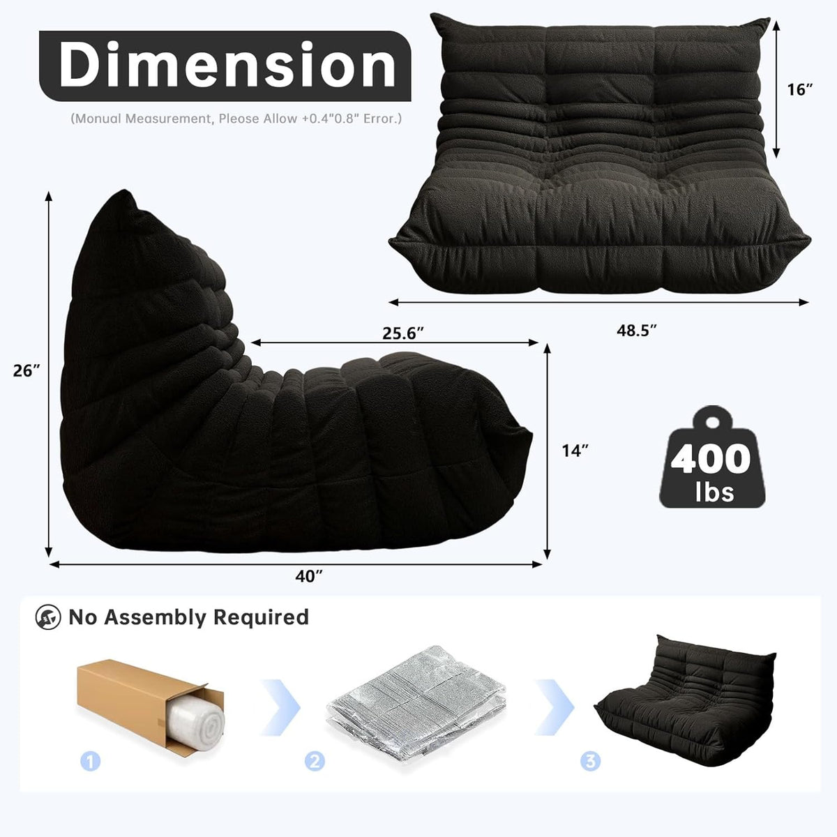 Bean Bag Chairs for Adults, Memory Foam Couch Loveseat Sofa Chair, Soft Teddy Material Cozy Comfy Reading Nook Chairs, Floor Chair for Living Room Bedroom Office(Black)