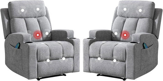Phoenix Home Manual Recliner Chair Set of 2 with Massage and Heat, Ergonomic Overstuffed Breathable Fabric Recliner Single Sofa Seat with 2 Cup Holders, Living Room Lounge Recliners on Clearance, Gray