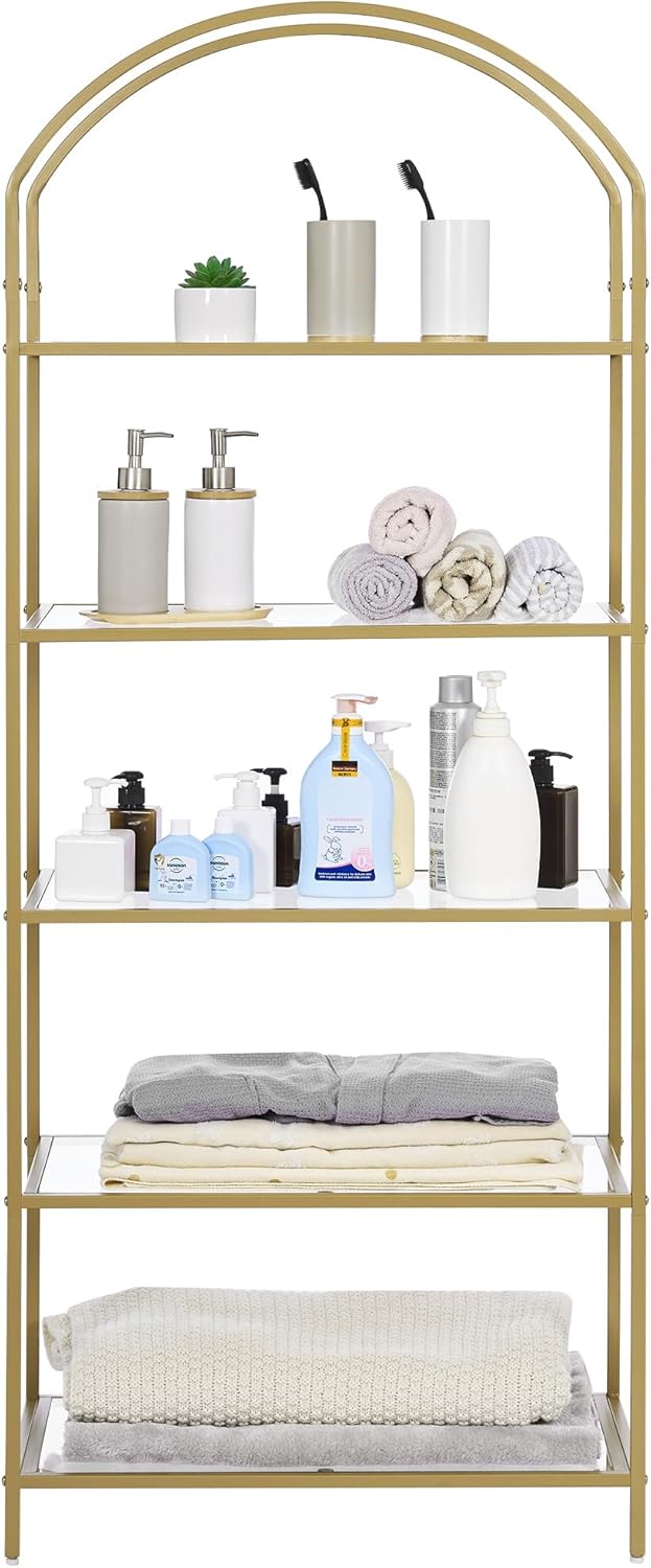 Homhedy Bookshelf Arched Display Racks,Metal Bookcase,Tempered Glass Shelves,Storage Rack Shelf for Home Office,Living Room,Bedroom, Bathroom,Modern Style (Golden, 11.8" D x 23.6" W x 62.2" H)