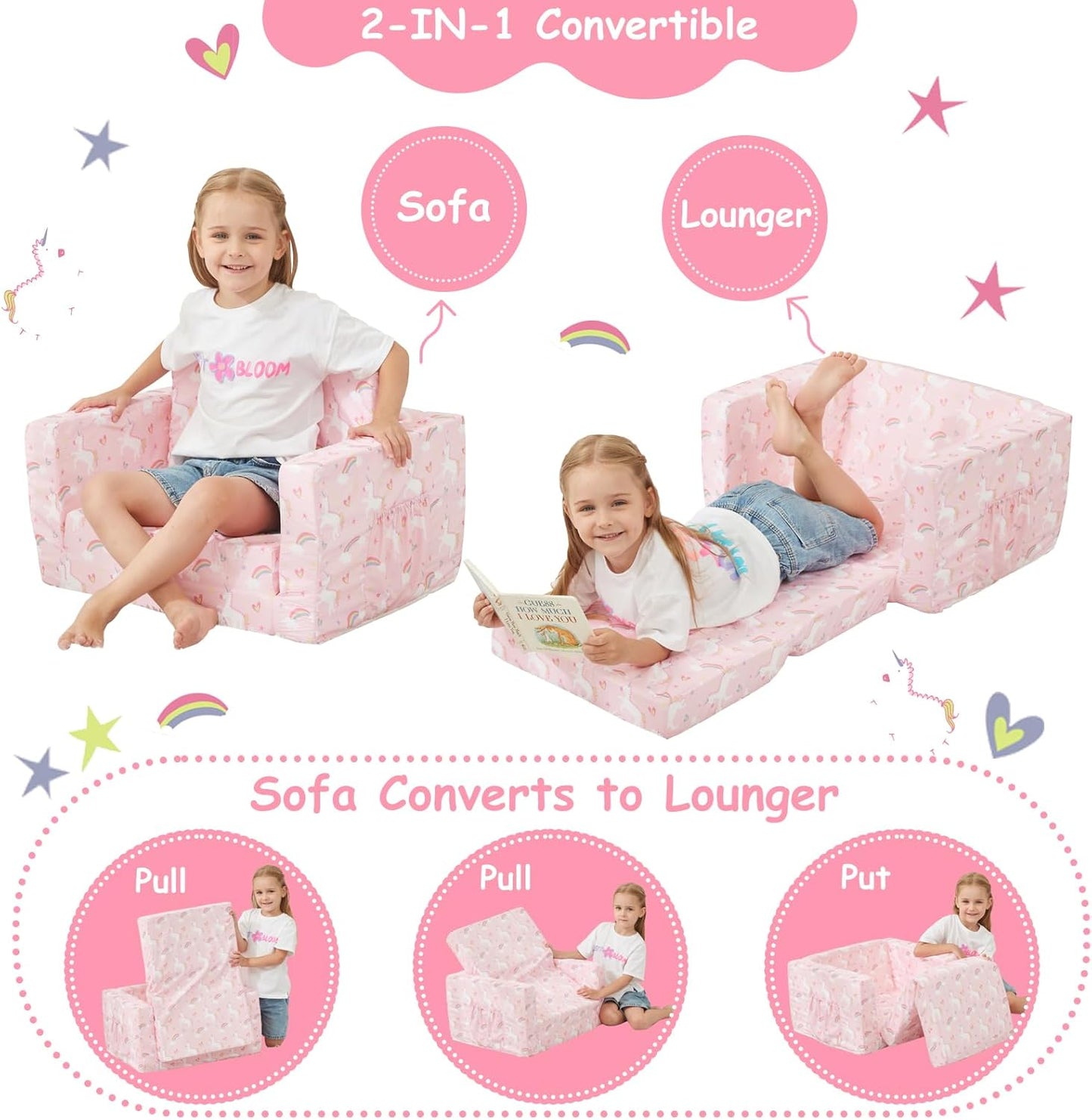 Viviland Kids Chairs for Toddler,2-in-1 Soft Toddler Couch Fold Out,Convertible Soft to Lounger Toddke Chair Comfy for Girls and Boys,Pink Unicorn
