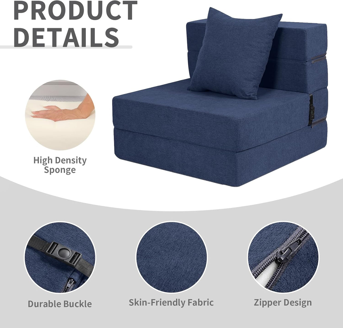 Folding Sofa Bed, High-Density Memory Foam Sofa with a Fluffy Pillow, Floor Couch Guest Bed, Single Size, Navy