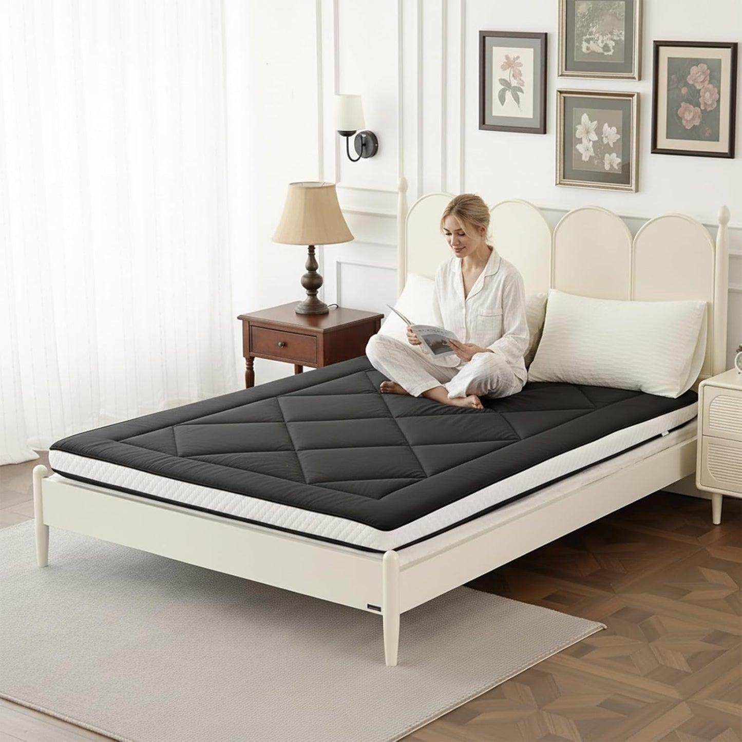 Welnow Japanese Futon Floor Mattress, Thick Twin Size Tatami Mat Portable & Foldable Roll Up Floor Bed Mattress with Storage Bag, Sleeping Pad for Adults, Dorm, Guest Bed, Camping and Travel, Black