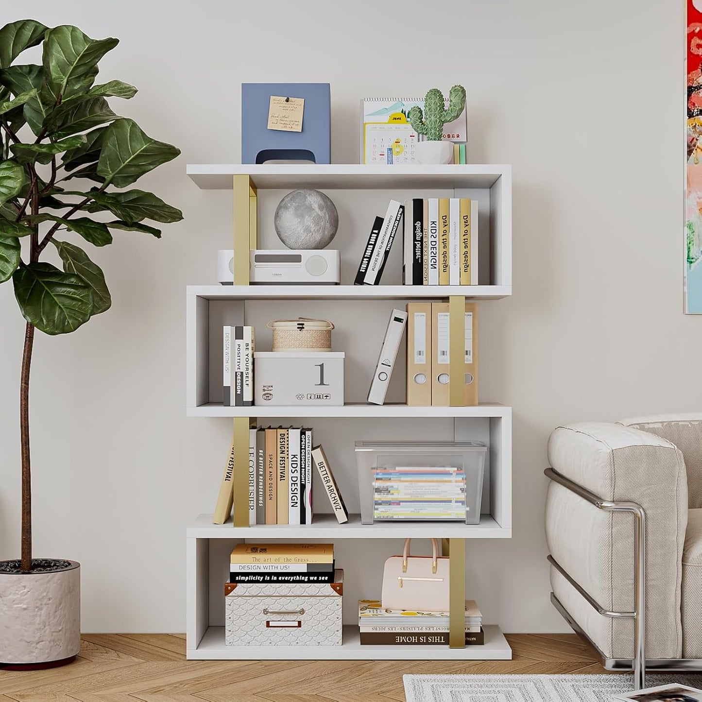 SORCEDAS Bookshelf Geometric Bookcase S Shaped Industrial Bookshelf Storage Display Stand Shelf for Living Room Bedroom and Office Room (White, 4 Tier)