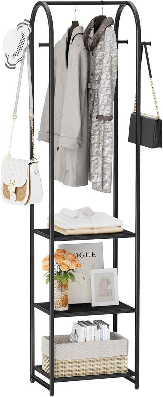 Garment Rack, Coat Rack With 3 Shelves and 4 Hooks, 71" H Clothes Stand For Hanging Clothes, Hanging Rod For for Bedroom, Hallway, Entryway, Office, Living Room, Black