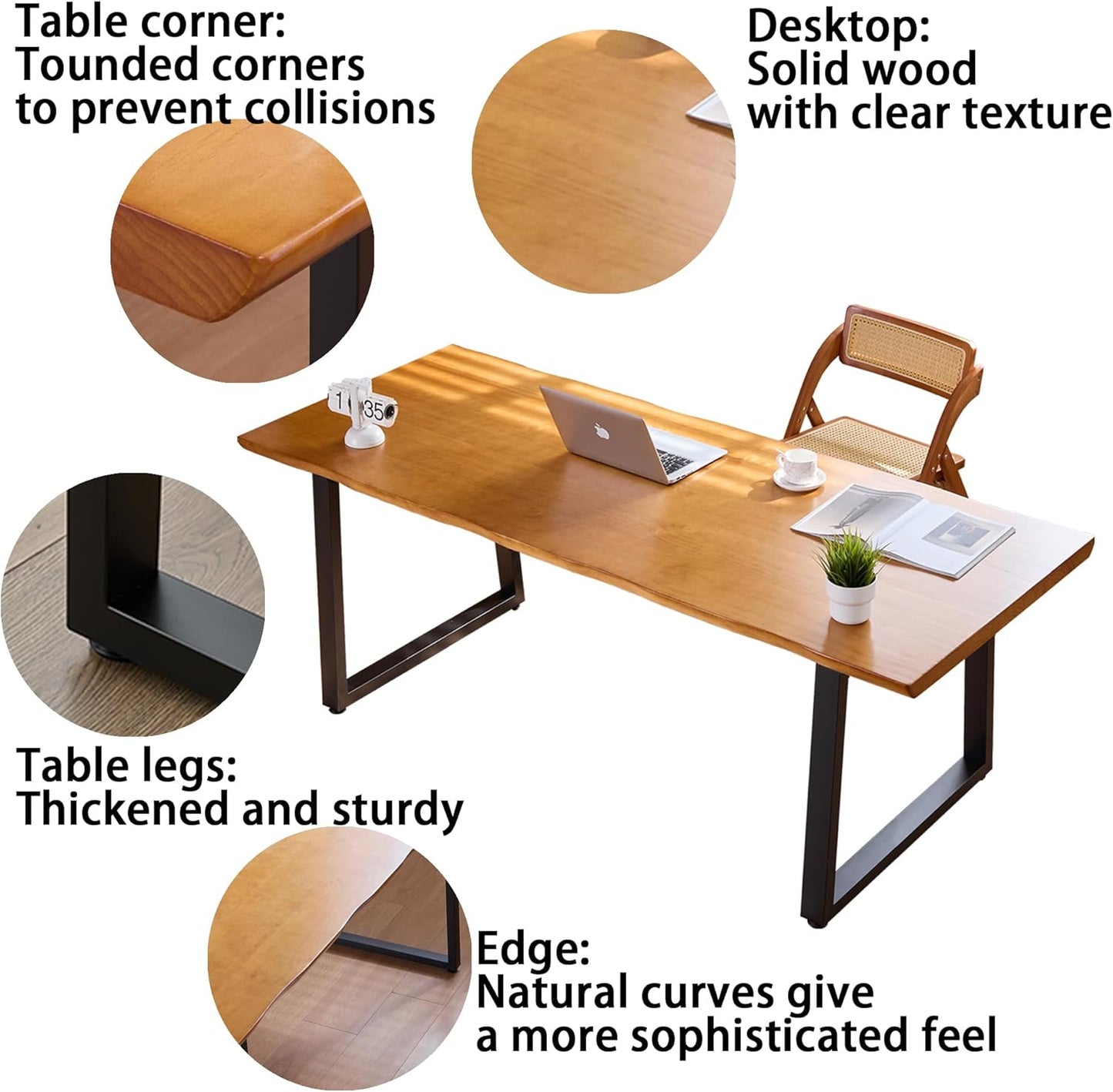 Solid Wood Administrative Computer Desk - Rustic Style Large Office Desk, Modern Minimalist Workstation for Home, Ideal for Learning, Writing, and Professional Use (Dark Yellow, 78.74in)