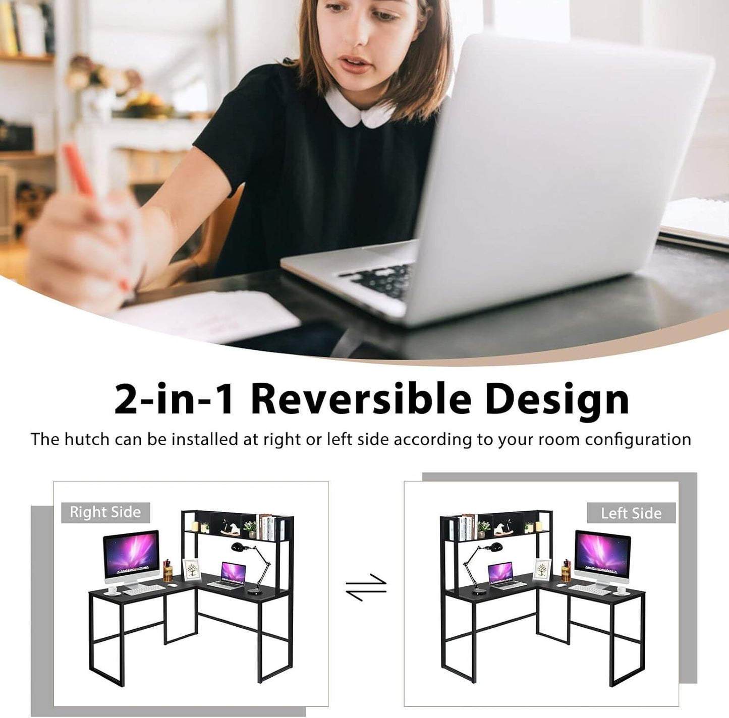 Tangkula Reversible L-Shaped Desk with Hutch, Space Saving Corner Computer Desk with Storage Shelves, Home Office Study Writing Desk Computer Workstation with Storage Bookshelf, Gaming Desk