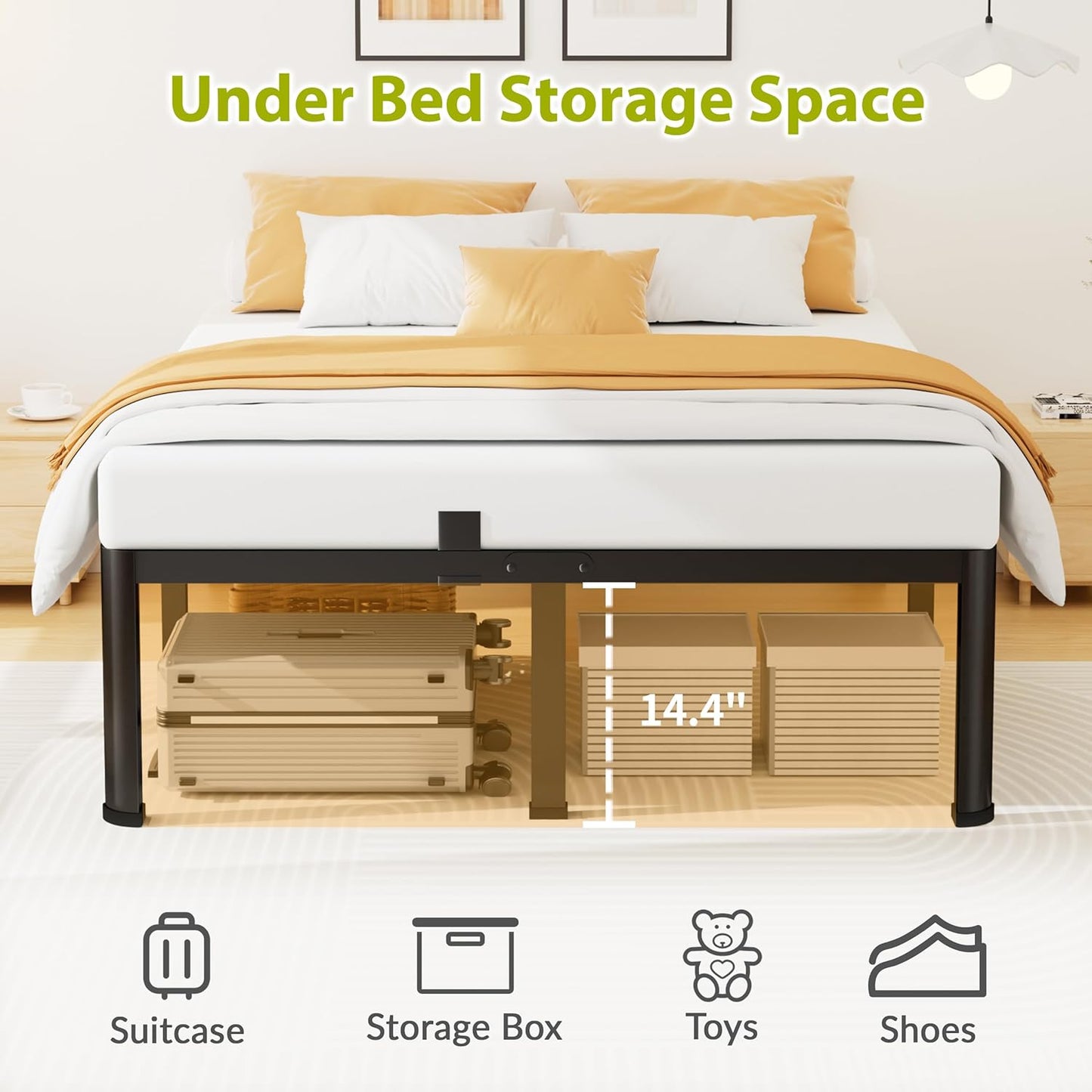 16 Inch Queen Size Metal Platform Bed Frame with Round Corners, Storage Space Under High Bed Frame-Heavy Duty Steel Slats Support, Noise Free - Easy Assembly - No Box Spring Needed
