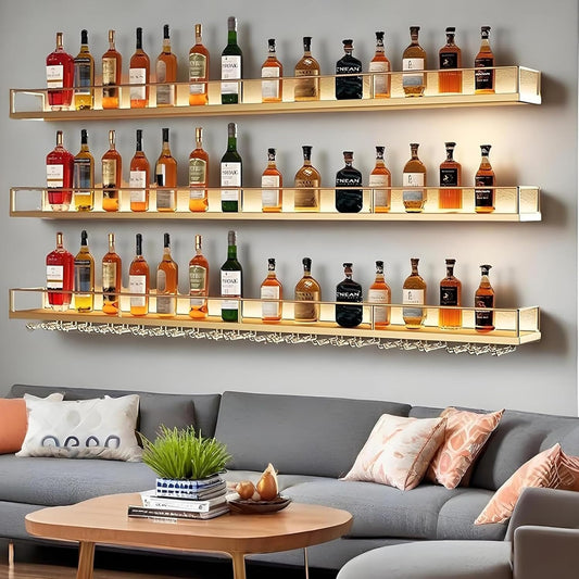 Wall-Mounted Metal Wine Rack with LED Lights 3-Tier Floating Bar Shelves with Wine Glass Rack Large Wine Bottle Display Rack Hanging Shelf, for Home Bar Dining Room Decorative (Gold, 120cm/47.2in)